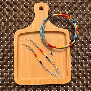 Hand Crafted Multicolor Beaded Bracelet & Earrings with Silver Charm